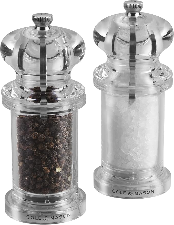 COLE & MASON 505 Salt and Pepper Grinder Set - Clear Acrylic Mills Includes Precision Mechanisms and Premium Sea Salt and Peppercorns