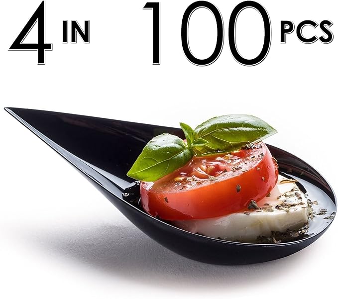 DLux 100 4-in Tear Drop Mini Appetizer Plates, Reusable Black Plastic Spoons - Desserts and Appetizers Dishes Serving Plate - Asian Spoon Set, Small Catering Dessert Tasting Cups - with Recipe Ebook