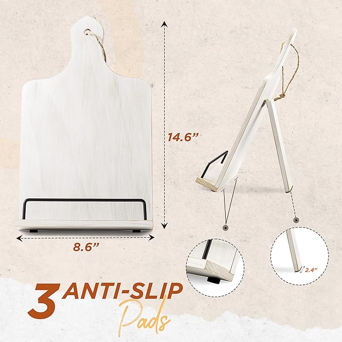 Cookbook Stand, Rustic Wood Cookbook Holder Cutting Board Style, Adjustable Recipe Ipad Tablet Book Holder and Stand for Kitchen with Anti-Slip Kickstand (White)