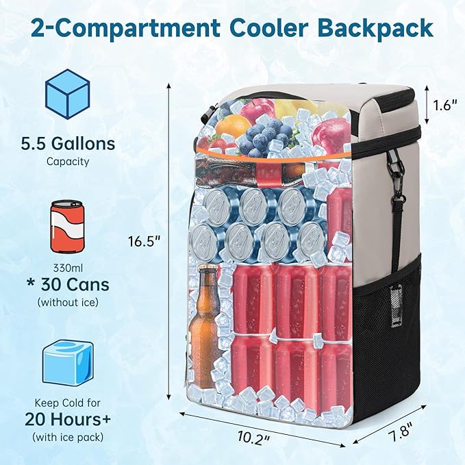 ANILD 30 Cans Cooler Backpack Soft Insulated Leak Proof for Men and Women, 2 Insulated Compartments Portable Backpack for Travel, Camping, Beach and Picnic