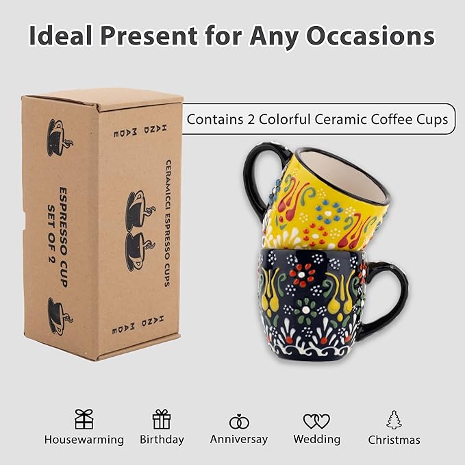 Espresso Cups Set of 2 | 4 oz Small Espresso Cups | Turkish Tea Cups | Demitasse Mugs with Handle | Modern Stackable Ceramic Espresso Mugs Set (Yellow/NavyBlue)