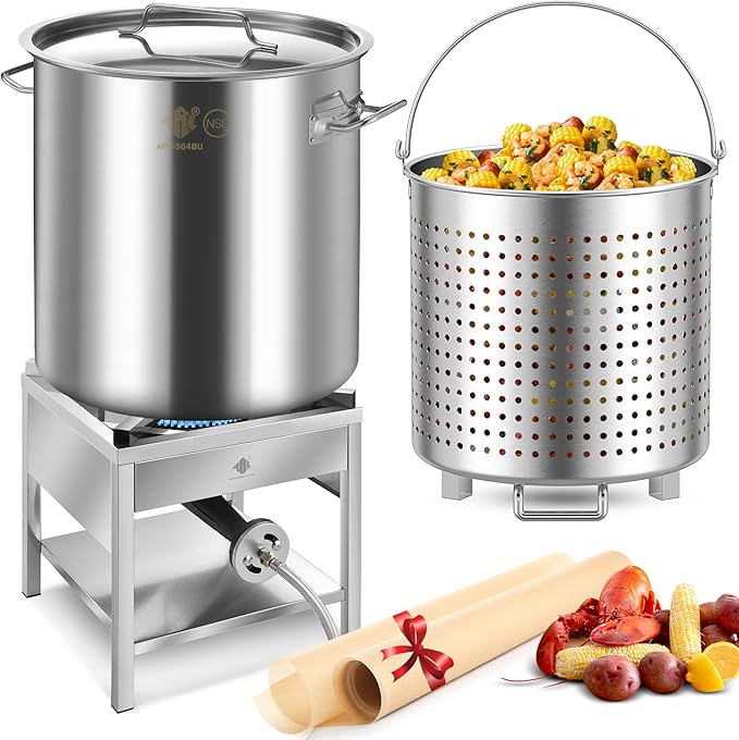 ARC 64QT Stainless Steel Seafood Boil Pot with 200,000BTU Propane Burner, w/Basket for Outdoor Deep Fryer, Large Cooking Pot for Turkey Fryer, Crab, Crawfish, Shrimp, Lobster Boiling Stock Pot
