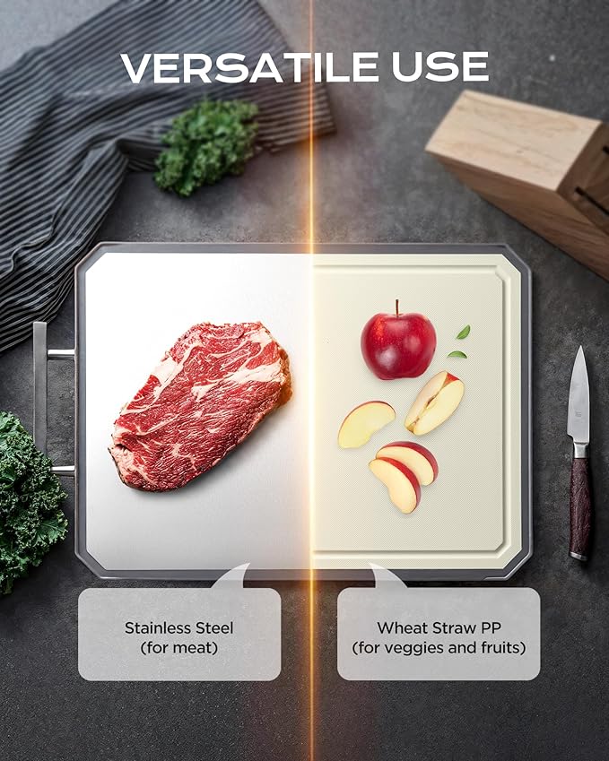 EXTRA LARGE Cutting Board,Double Sided Stainless Steel Cutting Boards Set for kitchen,Stainless Steel/Wheat straw pp Cutting Board for meat,Dishwasher Safe [20 * 13.8+16 * 11+12 * 8.3 Inch]