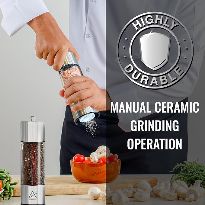 Salt and Pepper Grinder Set Manual 2 Pack | Large Round Salt and Pepper Shakers Set | 7.5 inch Stainless Steel Salt Grinder Refillable | Manual Pepper Grinder (Stainless Steel)