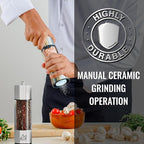 Salt and Pepper Grinder Set Manual 2 Pack | Large Round Salt and Pepper Shakers Set | 7.5 inch Stainless Steel Salt Grinder Refillable | Manual Pepper Grinder (Stainless Steel)