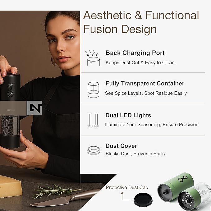 Electric Salt and Pepper Grinder Set USB-C Rechargeable, Dual-Speed Automatic Salt and Pepper Mills with Adjustable Grind Levels, Ceramic Burr, LED Light, Refillable, (Sage Green)