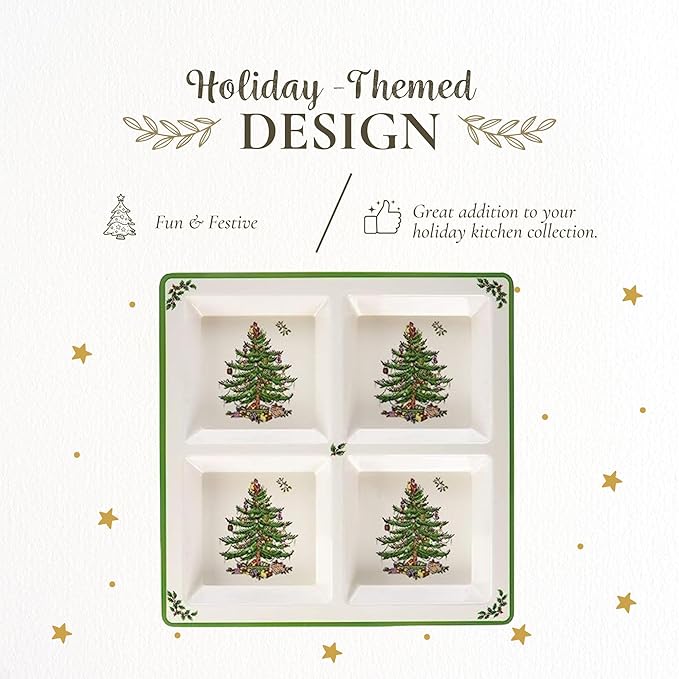 Spode Christmas Tree Melamine 4-Section Tray, 13.5-Inch Divided Holiday Serveware for Nuts, Candy, Condiments - Festive Tableware - Durable Holiday Entertaining Accessory for Indoor & Outdoor Use