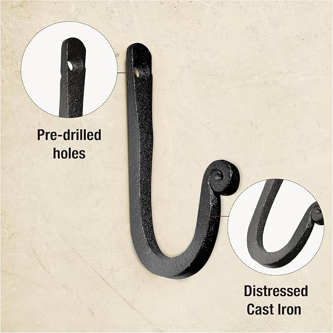 Larger Railroad Spike Cast Iron Hooks (10 Pack) Handmade Blacksmith, Wall Mounted, Farmhouse Decor Cast Iron Wall Hooks, Vintage Hooks for Hanging (Black)