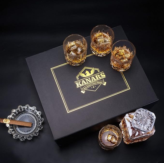 KANARS Whiskey Decanter And Glasses Set in Unique Gift Box - Original Crystal Liquor Decanter Set For Bourbon, Scotch, Vodka, Rum or Whisky, 5-Piece, Gifts for Men Dad