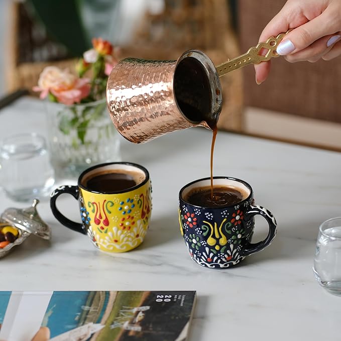 Espresso Cups Set of 2 | 4 oz Small Espresso Cups | Turkish Tea Cups | Demitasse Mugs with Handle | Modern Stackable Ceramic Espresso Mugs Set (Yellow/NavyBlue)