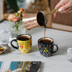 Espresso Cups Set of 2 | 4 oz Small Espresso Cups | Turkish Tea Cups | Demitasse Mugs with Handle | Modern Stackable Ceramic Espresso Mugs Set (Yellow/NavyBlue)