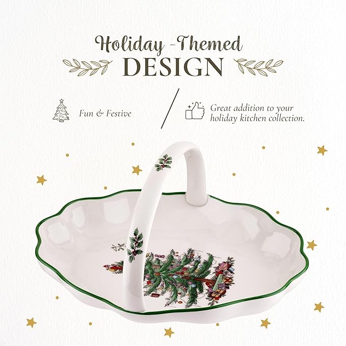 Spode Christmas Tree Oval Breadbasket, 10 Inch Handled Bowl for Fruit, Bread, Cookies - Fine Earthenware Gift, Festive Tabletop Holiday Serveware & Seasonal Decor, Dishwasher Safe Tableware