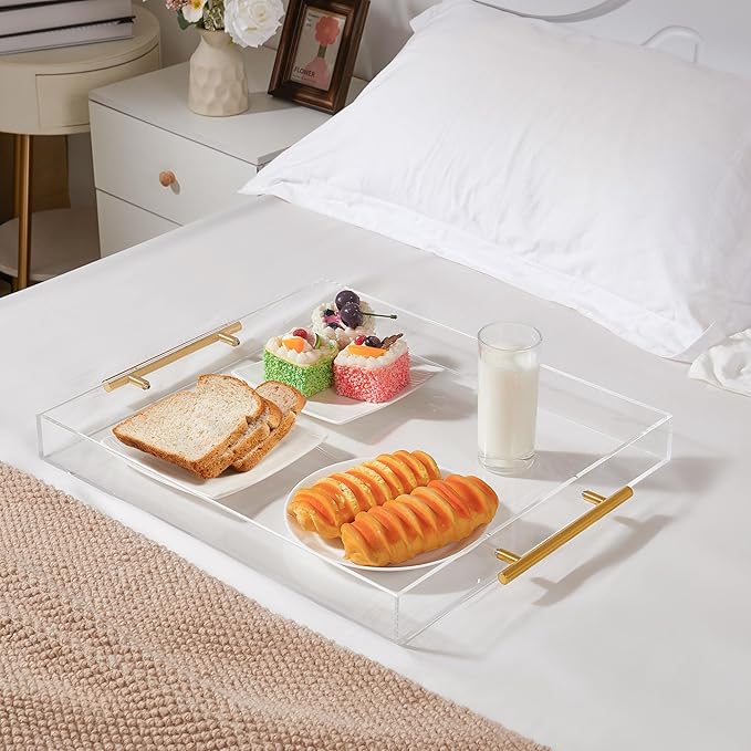 Large Clear Acrylic Serving Tray (14×18 Inches) with Gold Handles Spill Proof Acrylic Decorative Tray Organiser for Ottoman Coffee Table Countertop