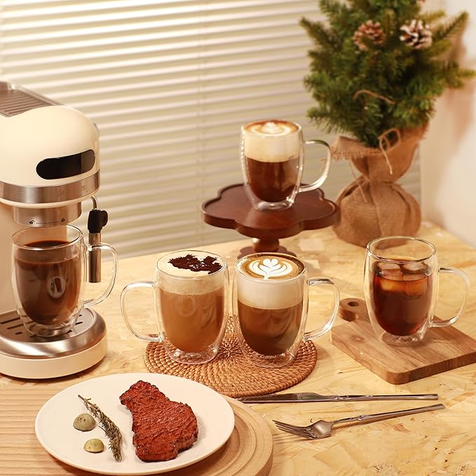 CNGLASS 12oz Double Walled Glass Coffee Mugs(4-pack),Insulated Glass Mugs with Handle,Clear Espresso Cups for Latte,Cappuccino,Tea Bag