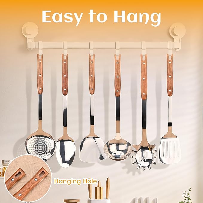 FJNATINH Wok Utensils Tools - 6 PCS Stainless Steel Kitchen Cooking Utensils Set, Include Wok Spatula, Soup Ladle, Skimmer, Spaghetti Server, Slotted Turner and Solid Spoon, Heat Resistant