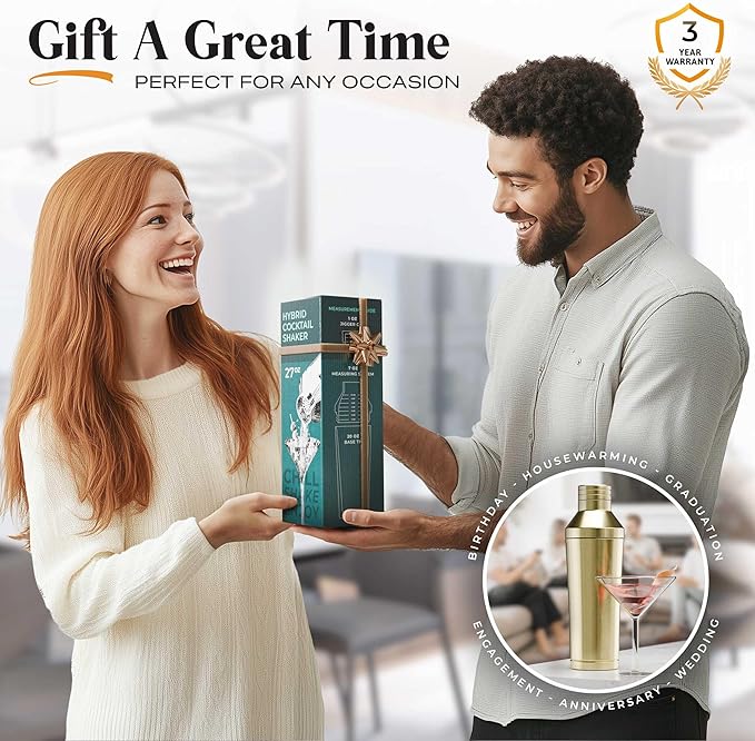 Insulated Cocktail Shaker Set | Double Wall Stainless Steel | Martini Shaker for Home Bar Bartending | Built-in Drink Measurement System & Strainer, Travel Bag, 35 Recipes | Gift Set (Gold)