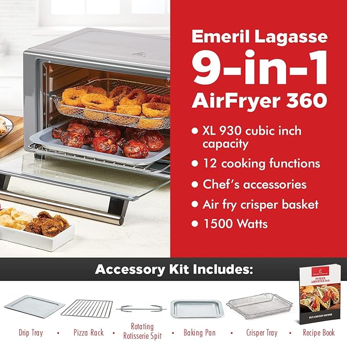 Emeril Lagasse Everyday 360 Stainless Steel Air Fryer, 360° Quick Cook Technology, XL capacity, 9-in-1, 12 Pre-Set Cooking Functions including Bake, Rotisserie, Broil, Pizza, Slow Cook, Toaster