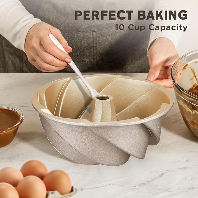 KITESSENSU Non-Stick Cake Pan, 9.5-Inch Aluminum Cake Mold, 10 Cup Fluted Heavy Duty Tube Pan, Durable Rust & Scratch-Resistant, Baking Mold for Jello, Gelatin, Chocoflan, Flan, Marissa, Gold