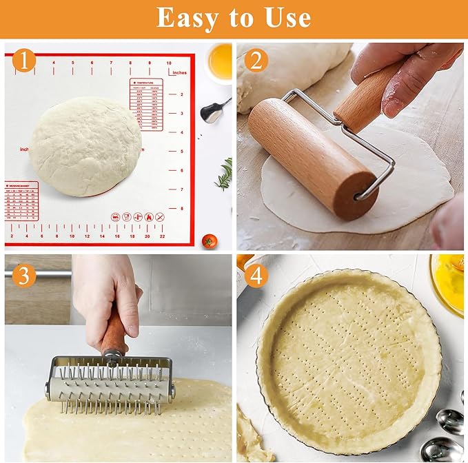 3pcs Pizza Tool Set, Include Pizza Docker, Pizza Dough Roller and Silicone Baking Mat, Dough Docker, Non Slip Baking Mat, Wooden Rolling Pin for Pizza, Cookie, Pie, Pastry, Bread