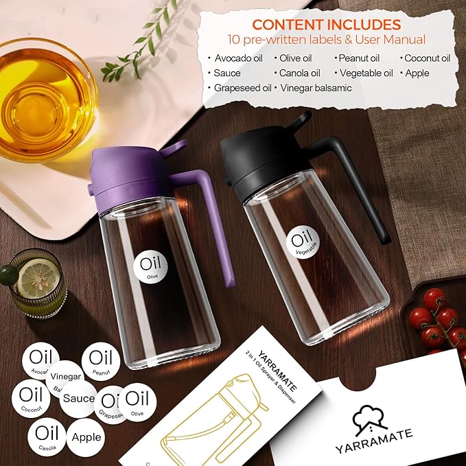 YARRAMATE 16oz/470ml Glass Olive Oil Sprayer for Cooking with Stickers, 2 in 1 Oil Dispenser for Kitchen Gadgets, Food Grade Premium Spray Bottle with Portion Control for Salad, BBQ (Purple)