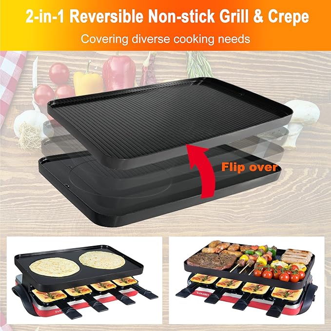 TAMARIT Classic 8 Person Raclette Grill 1500W Electric Tabletop Grill with Reversible Plate, 8 Non-Stick Raclette Trays & Spatulas Indoor Portable Korean BBQ Barbecue Grill, Party Grill Red