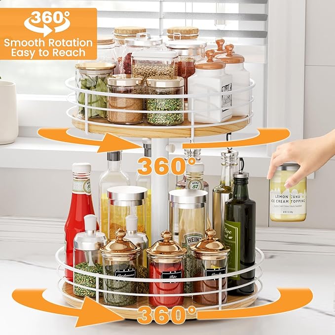 Two Tier Lazy Susan Organizer Turntable Height Adjustable, 2 Tier Wood Lazy Susan 12 Inch, Rotating Spice Rack Organizer for Cabinet Dining Table Top Kitchen Bathroom Countertop White