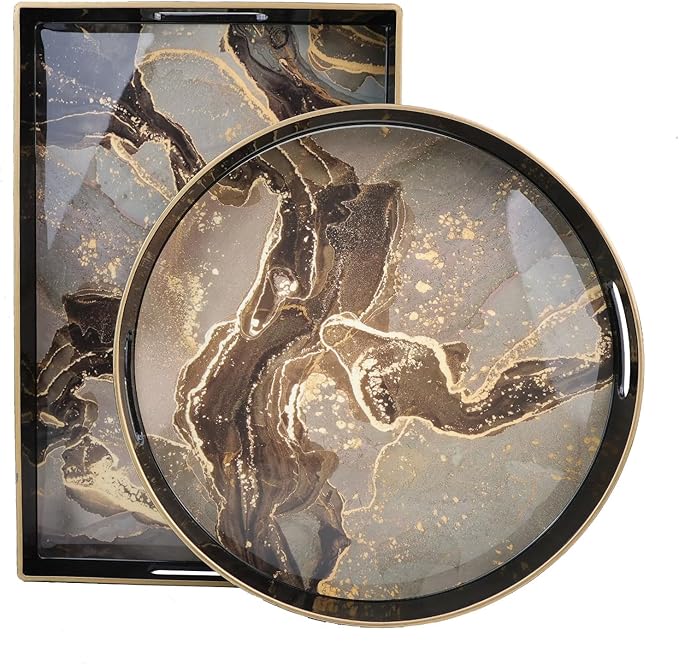 Round Black Marbling Decorative Tray with Handles, 13" Morden Plastic Serving Tray for Coffee Table Bathroom, Ottoman, Home Decor