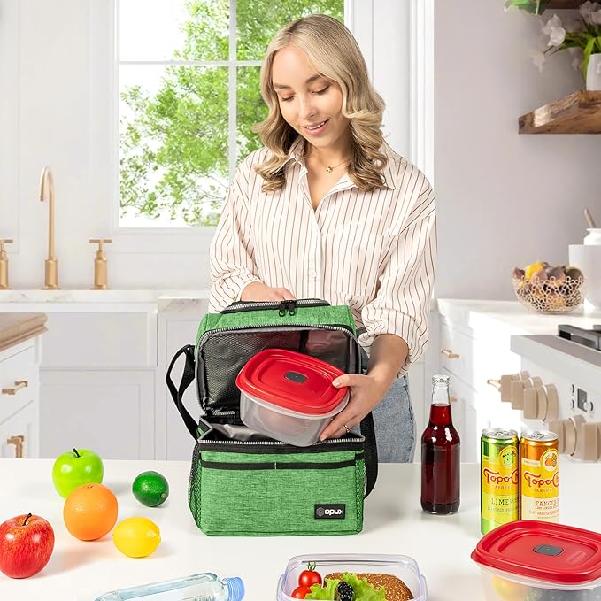 OPUX Lunch Box For Men Women, Insulated Large Lunch Bag Adult Work, Double Decker Lunchbox Meal Prep, Dual Compartment Leakproof Lunch Cooler, Soft Lunch Pail Tote Boys Girls Kids School, Green 12L