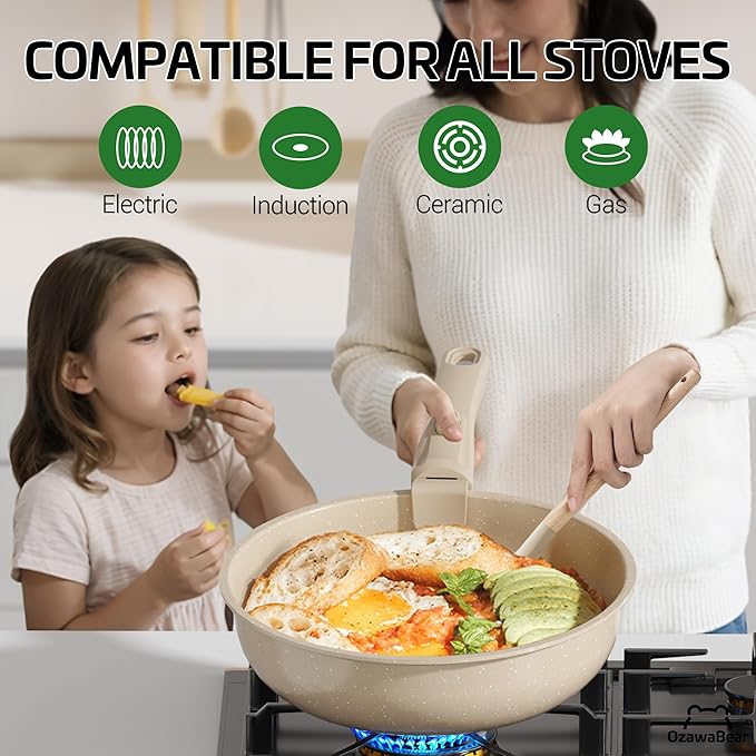 26 Pcs Pots and Pans Set Non Stick, Ceramic Cookware Set Non Toxic with Detachable Handles, Healthy Induction Cookware Oven Safe RV Kitchen Set, PFAS PFOA & PTFE Free, Taupe