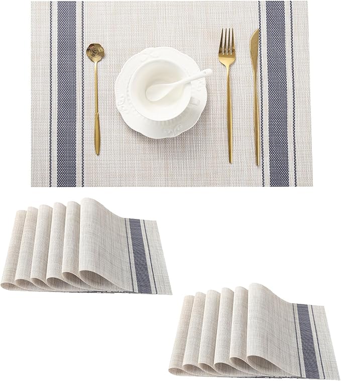 Leetaltree Khaki-Blue Placemats, Heat Resistant Non-Slip Place mats for Dining Table, Washable Durable PVC Vinyl Woven Table Mats (Set of 12)