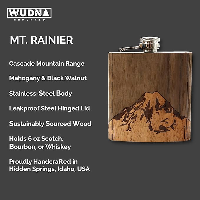 WUDN 6 oz. Wooden Hip Flask - Stainless Steel Body, Mt. Rainier Walnut Sky