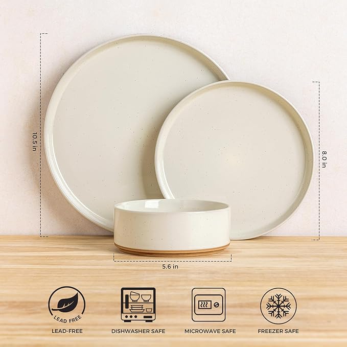 AmorArc Ceramic Dinnerware Set for 4 | Speckled Stoneware Plates and Bowls with unglazed terracotta | Scratch Resistant, Dishwasher & Microwave Safe Dishes Sets- 12-Pcs