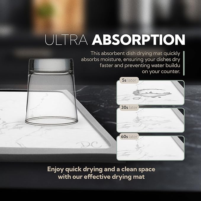 DON & CLAIRE Stone Dish Drying Mat for Kitchen Counter - Quick Drying, Super Absorbent, Non-Slip Mat for Dishes, Glassware, Fast Dry Stone Mat for Kitchen Sink, Easy to Clean | (21.5" x 16.3", Marble)