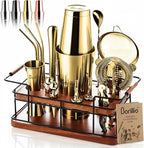 Barillio Gold Bartender Kit – 23-Piece Stainless-Steel Cocktail Shaker Set with Premium African Mahogany Stand | Martini Barware Mixing Tools for Home Bartending | Gift Set