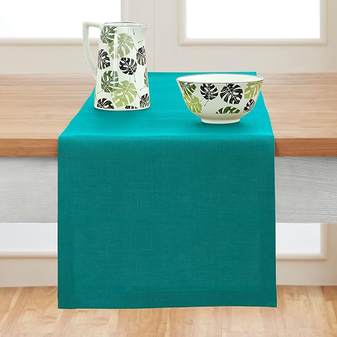 Solino Home Linen Teal Table Runner 120 Inches Long - 100% Pure Linen 14 x 120 Inch Table Runner for Dining, Fall, Autumn - Fete, Handcrafted and Machine Washable