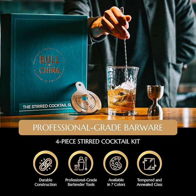 4 Piece Cocktail Kit by Bull In China - Premium Bartender Gift Set Includes Flagship Mixing Glass, 12 inch Barspoon, Bell Jigger & Hawthorne Strainer For Professional & Home Bars (Rainbow Chrome)