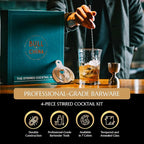 4 Piece Cocktail Kit by Bull In China - 100% Brass Premium Bartender Gift Set Includes Flagship Mixing Glass, 12 inch Barspoon, Bell Jigger & Hawthorne Strainer For Professional & Home Bars (Brass)