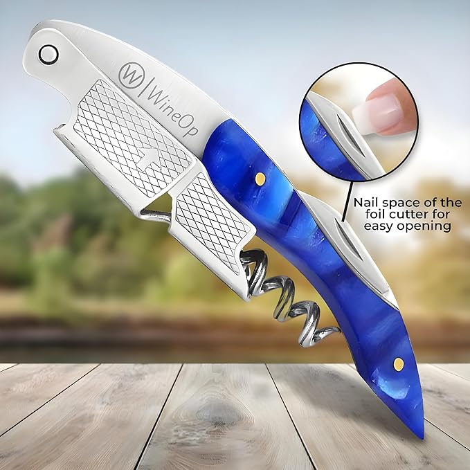 WineOp Professional Wine Opener Luxury Double Hinged Waiter's Corkscrew Wine Bottle Key - Cork screwer for Servers, Bartenders, Sommelier and Home Use | All-In-One Stainless Steel (Blue Resin)