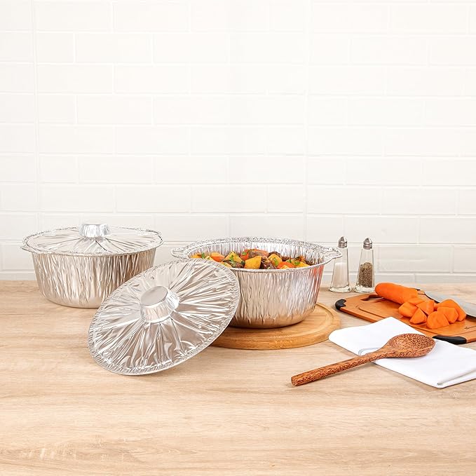 Foil Lux 3.5 Quart Pans And Lids, 10 Disposable Pots With Lids - Oven-Ready, Stove Compatible, Aluminum Foil Baking Pans, Freezable, For Outdoor Camping, Vacation, Picnic, And More - Restaurantware