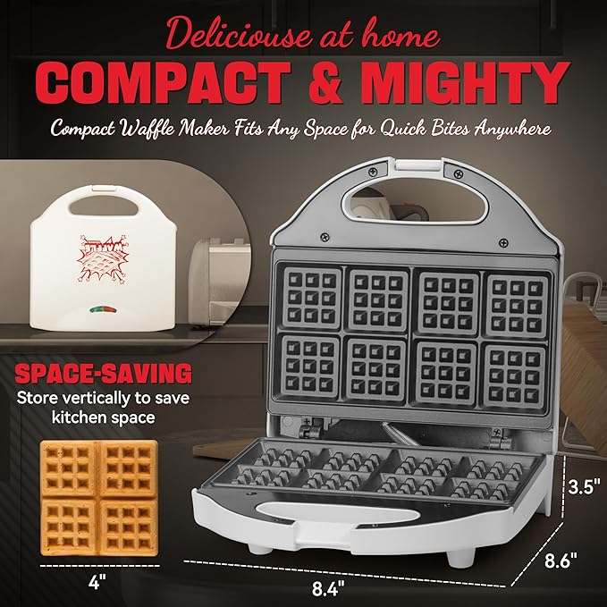 Square Waffle Maker, 2 x 4" Mini Classic Waffles Maker Machine, Waffle Iron, Dual Cooking Plates for Family Breakfast, Non-stick, White