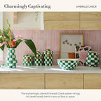 MACKENZIE-CHILDS Large Enamel Canister, Kitchen Storage Container with Lid, Green-and-White Emerald Check