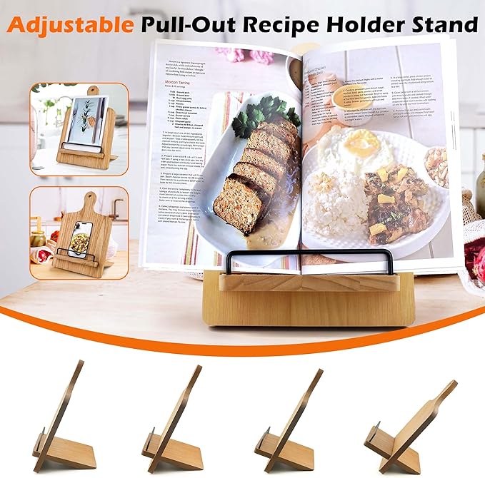 Cookbook Stand Wooden Recipe Book Holder: Wood Cookbook Stand for Kitchen Counter - Adjustable Tablet Cook Book Recipe Stand Thanksgiving Day Christmas Gift for Mother, Grandma, Women