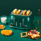 Roter Mond 4 Slice Toaster Retro Stainless Steel with Bagel Defrost Cancel Function, 6 Browning Settings, Extre Wide Slot and Removable Crumb Tray, Green, ST033