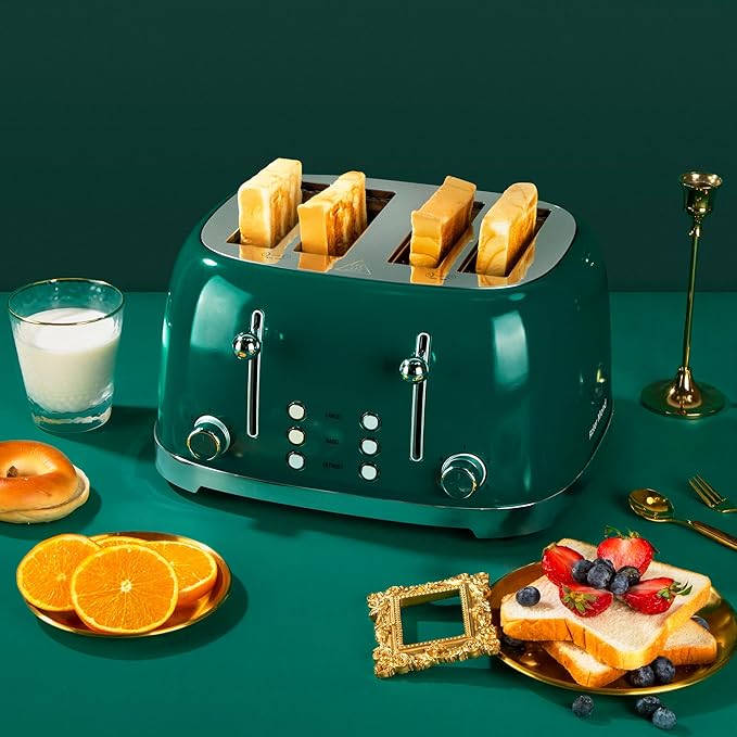 Roter Mond 4 Slice Toaster Retro Stainless Steel with Bagel Defrost Cancel Function, 6 Browning Settings, Extre Wide Slot and Removable Crumb Tray, Green, ST033