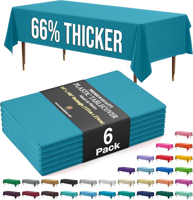 Exquisite 66% Thicker Premium Plastic Table Cloth Rectangle Table Cover 0.5 Mil 6 Pack Turquoise Table Cloth 54 Inch x 108 Inch Disposable Tablecloth Won't Tear Easily Like Cheap Thin Brands