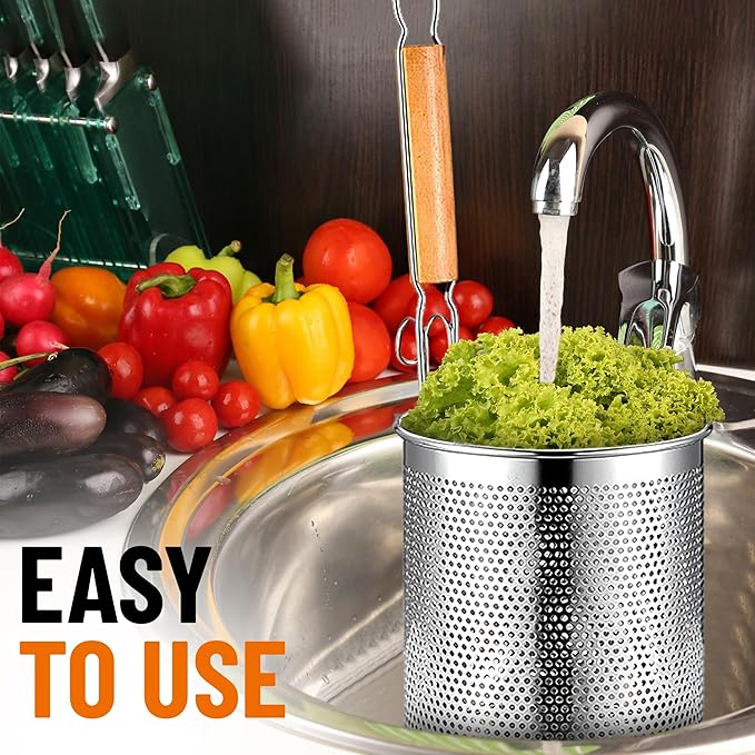 1 Pack Pasta Basket, Stainless Steel Mesh Noodle Strainer Basket with Wooden Handle, for Boiling Food, Pasta, Noodles, Dumpling, Ramen, 4.3''D x 5.7''H