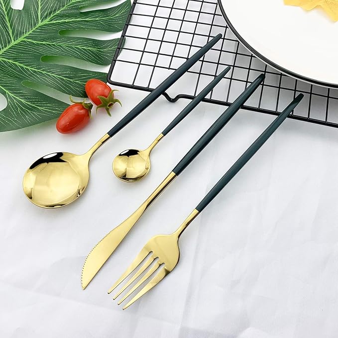 JASHII Flatware Serving Set 24 Piece, Stainless Steel Silverware Set, Green Gold Cutlery Set, Modern Elegant Tableware Set for Party, Christmas, Dinner (Green Gold)