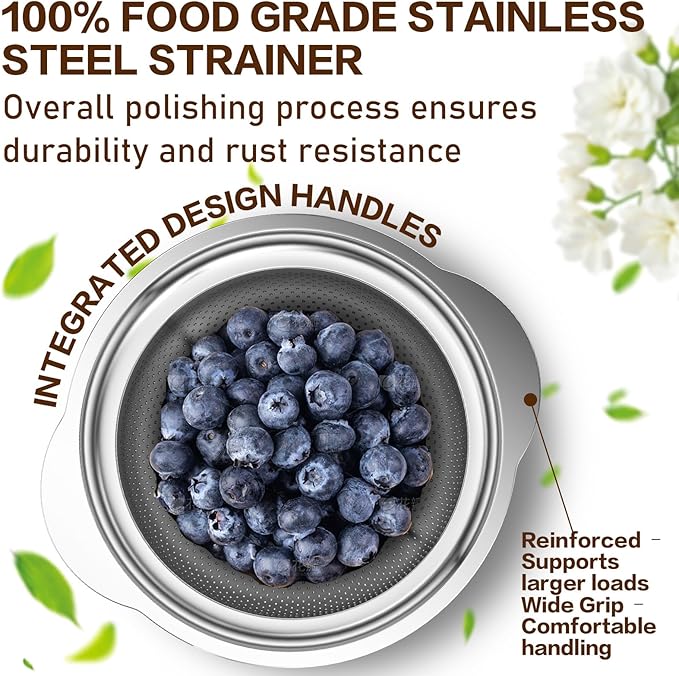 Stainless Steel Colander for Kitchen, Stainless Steel Strainer, Pasta Strainer for Spaghetti Fruits Vegetables Cooking Food, 3 Pcs Strainers and Colanders(2QT, 3QT, 5QT), Dishwasher Safe, Silver