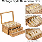 Silverware Box, 3-Layer Wooden Silverware Storage Box with Glass Lid, 14.5×10.6 Inches Vintage Style Decor Flatware Storage Case for Fine Flatware & Utensils, Gift Idea (Torched Wood)