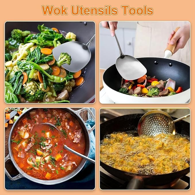 FJNATINH Wok Spatula Set Large Spatula Slotted Turner Soup Ladle Slotted Spoon for Cooking Utensils Set Long Wooden Handle Ladles Kitchen Metal Spatula Cooking Spoons,4PCS